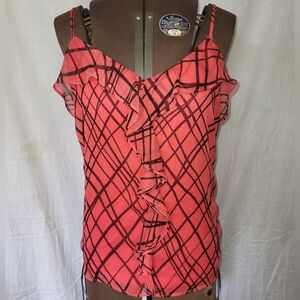 New York & Company Ruffled Camisole, Red and Black Striped Tank Top, Size Medium